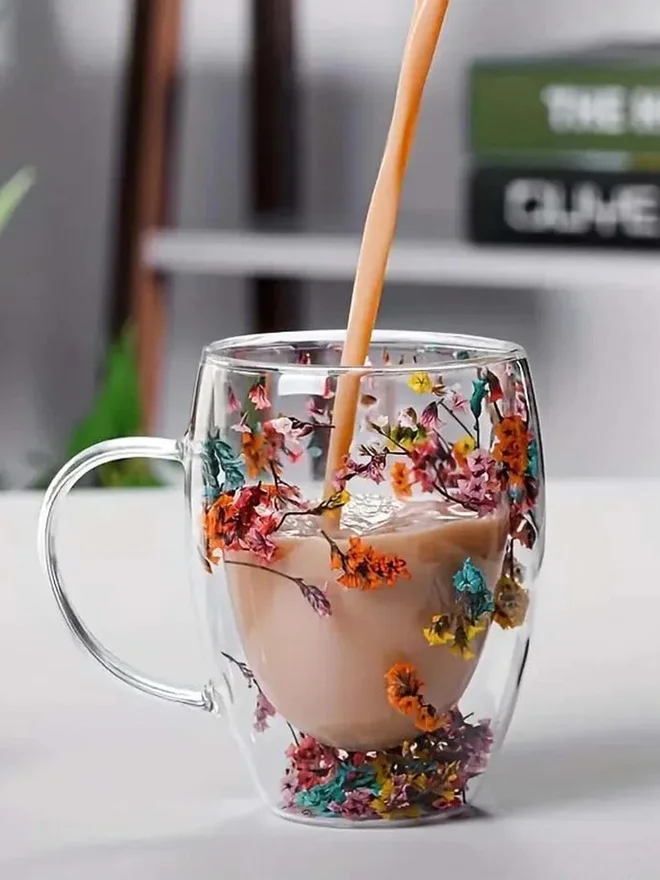 1Chase 1CHASE Set of 2 - Borosilicate Double Wall Flower Glass Coffee Cups 350ml